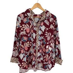 Chicos Women's Button Up Top Size 3 Maroon Floral Leopard Maximalist XL
